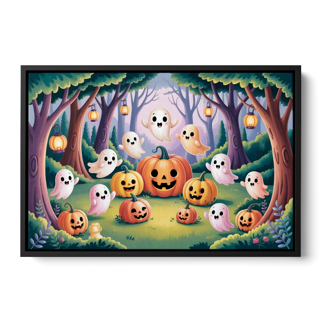 Enchanted Forest Cute Halloween Front - Black Canvas Wall Art