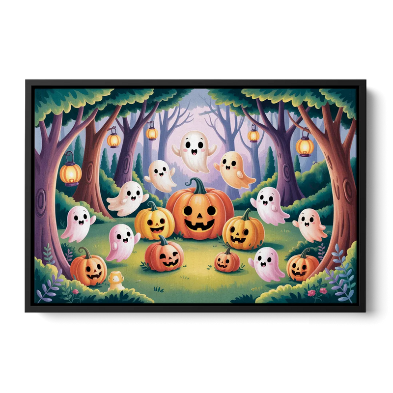 Enchanted Forest Cute Halloween Front - Black Canvas Wall Art