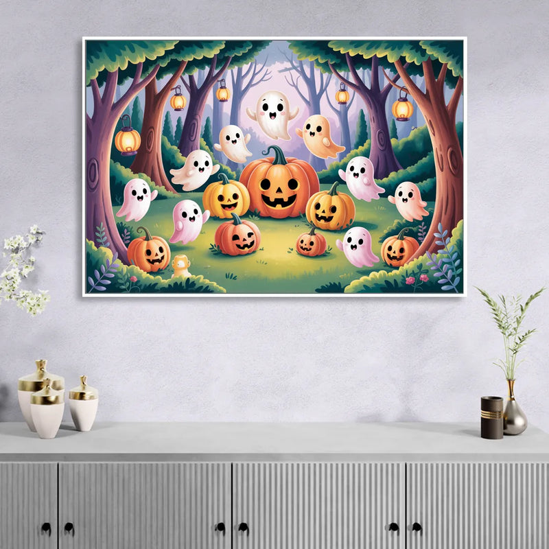 Enchanted Forest Cute Halloween Sitting Room - White Canvas Wall Art