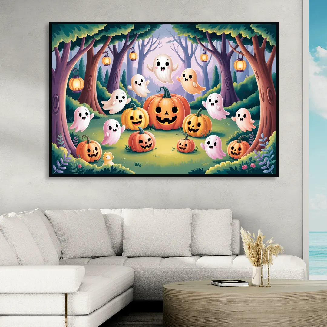 Enchanted Forest Cute Halloween Living Room - Black Canvas Wall Art