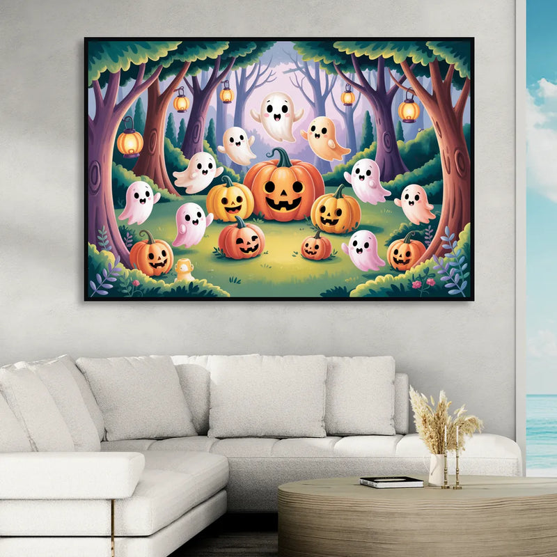 Enchanted Forest Cute Halloween Living Room - Black Canvas Wall Art