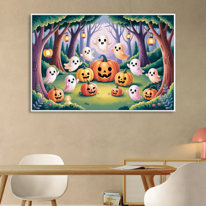 Enchanted Forest Cute Halloween Living Room - White Canvas Wall Art