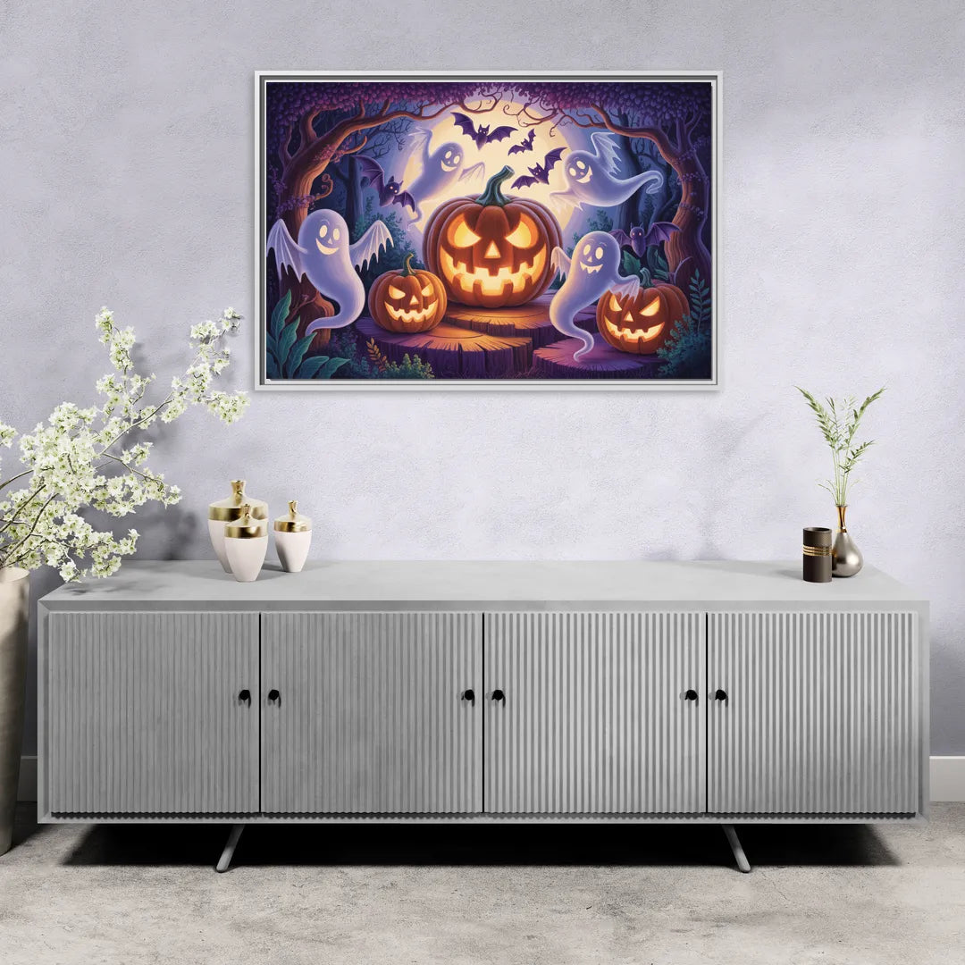 Enchanted Forest Halloween Scene - Living Room White Frame Canvas
