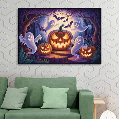 Enchanted Forest Halloween Scene Sitting Room - Black Canvas Wall Art