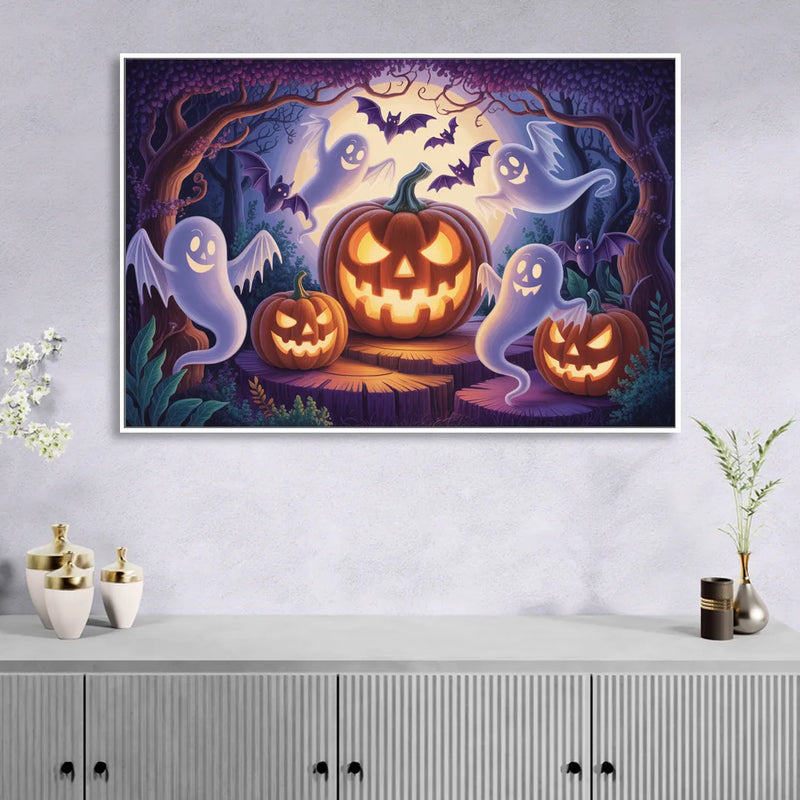 Enchanted Forest Halloween Scene Living Room - White Canvas Wall Art