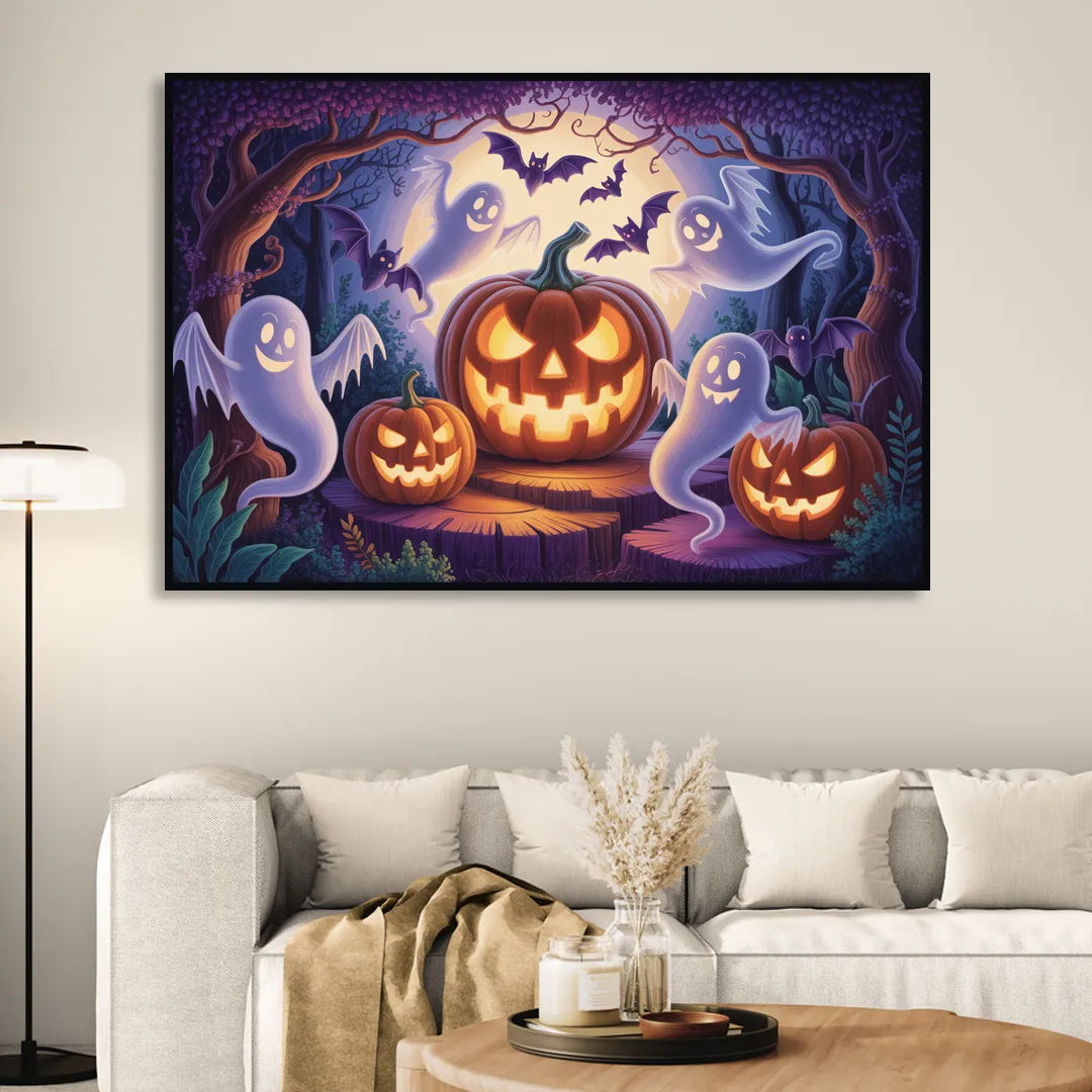 Enchanted Forest Halloween Scene Living Room - Black Canvas Wall Art