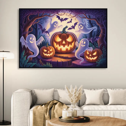 Enchanted Forest Halloween Scene Living Room - Black Canvas Wall Art