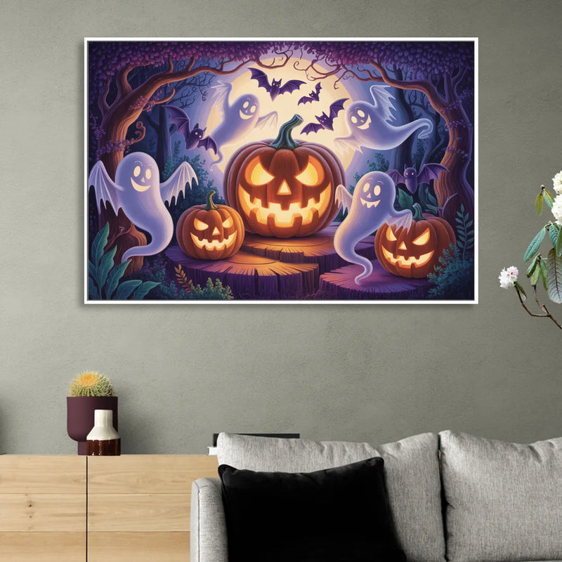 Enchanted Forest Halloween Scene Sitting Room - White Canvas Wall Art