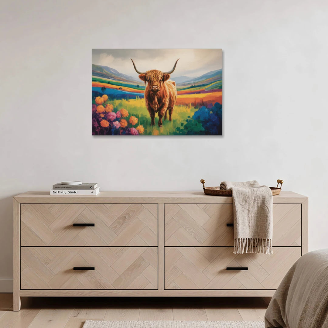 Enchanted Highland Cow Glass Look - Canvas Wall Art - Coffee Table - 36x24