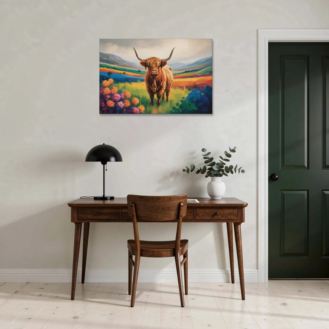 Enchanted Highland Cow Glass Look - Canvas Wall Art - Office - 36x24