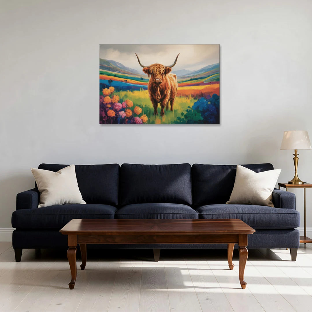 Enchanted Highland Cow Glass Look - Canvas Wall Art - Sofa - 36x24