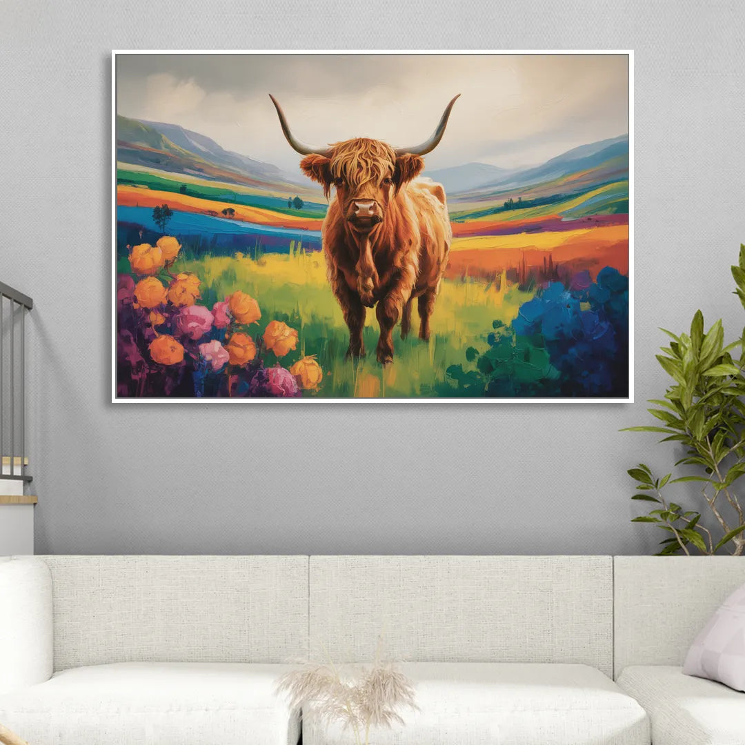 Enchanted Highland Cow Glass Look Living Room - White Canvas Wall Art