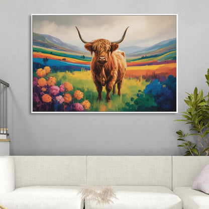 Enchanted Highland Cow Glass Look Living Room - White Canvas Wall Art