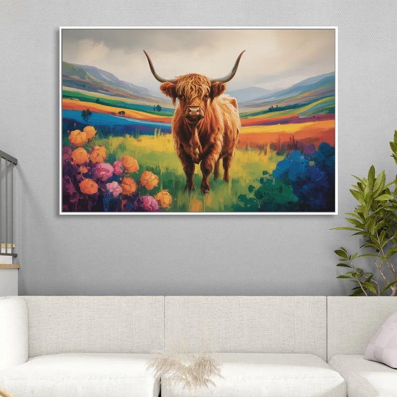 Enchanted Highland Cow Glass Look Living Room - White Canvas Wall Art