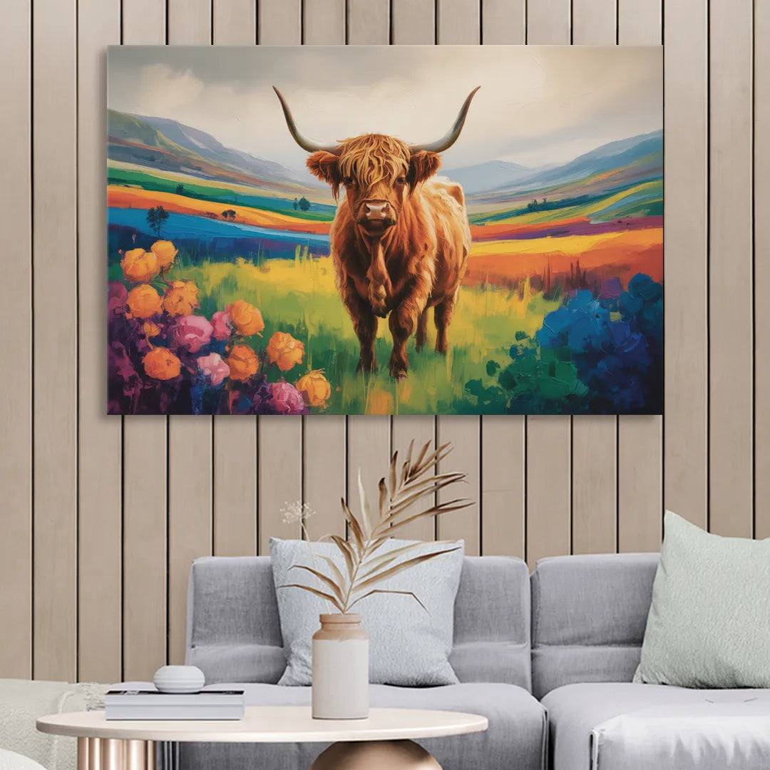 Enchanted Highland Cow Glass Look Living Room - Canvas Wall Art