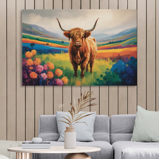 Enchanted Highland Cow Glass Look Living Room - Canvas Wall Art
