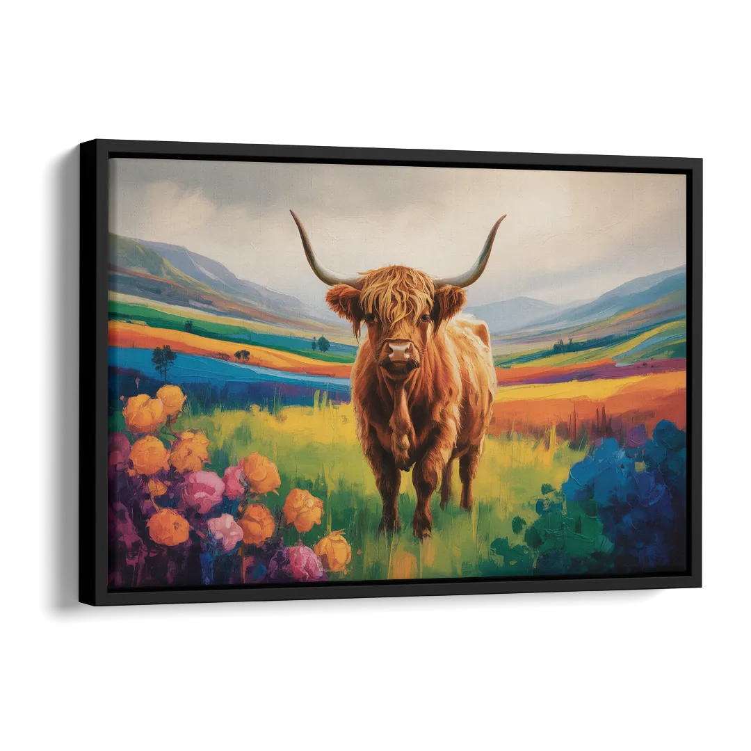 Enchanted Highland Cow Glass Look Side - Black Canvas Wall Art