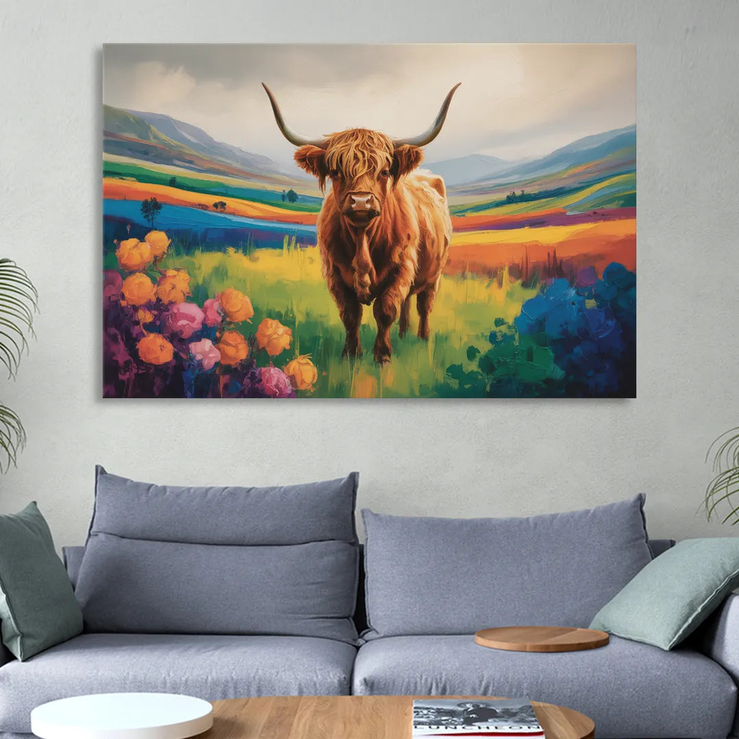 Enchanted Highland Cow Glass Look Sitting Room - Canvas Wall Art