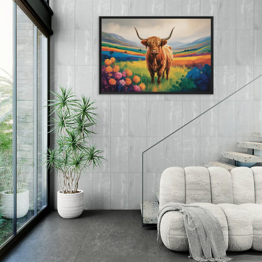 Enchanted Highland Cow Glass Look - Living Room Black Frame Canvas