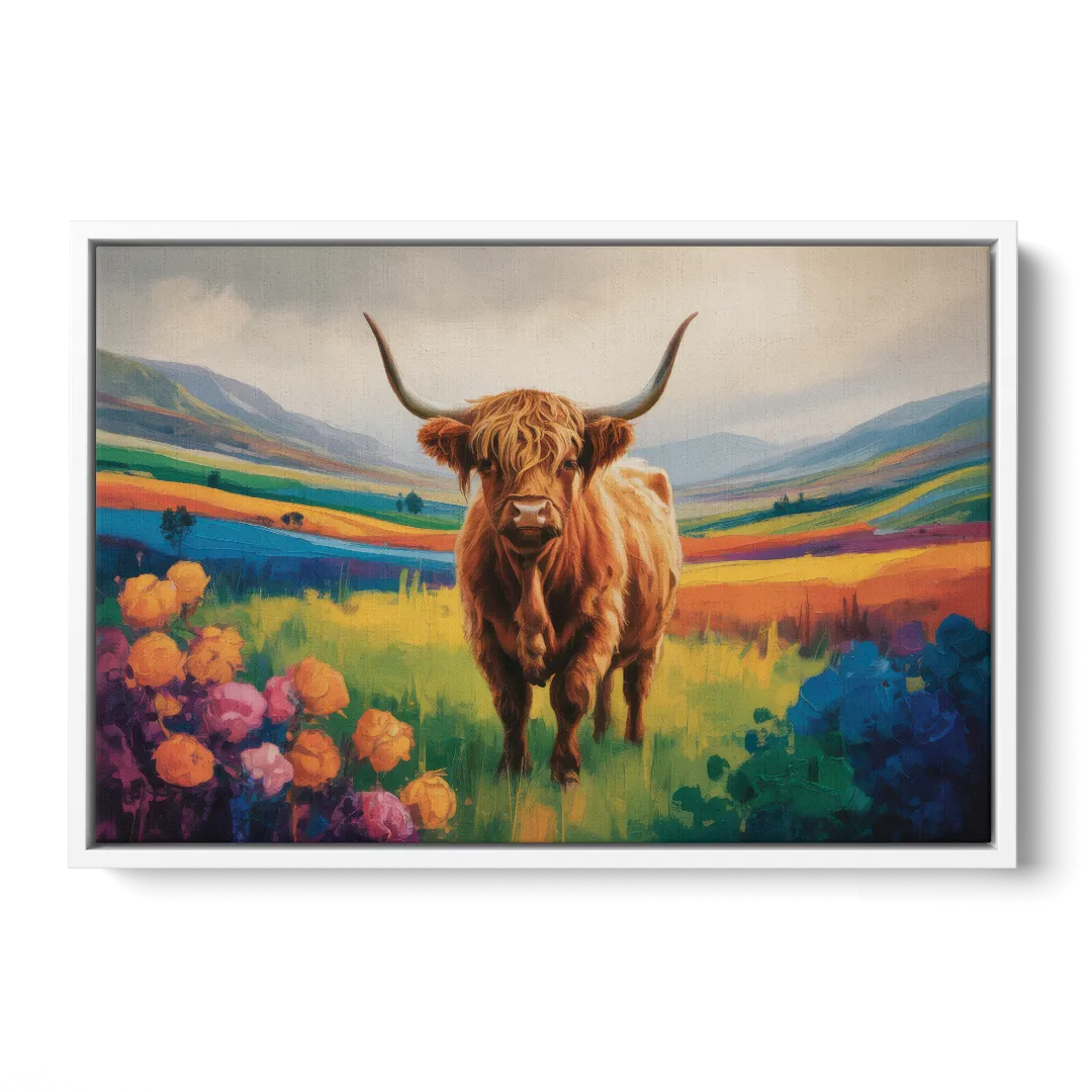 Enchanted Highland Cow Glass Look - White Frame Canvas