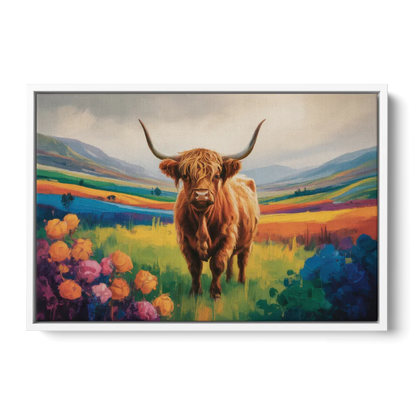 Enchanted Highland Cow Glass Look - White Frame Canvas