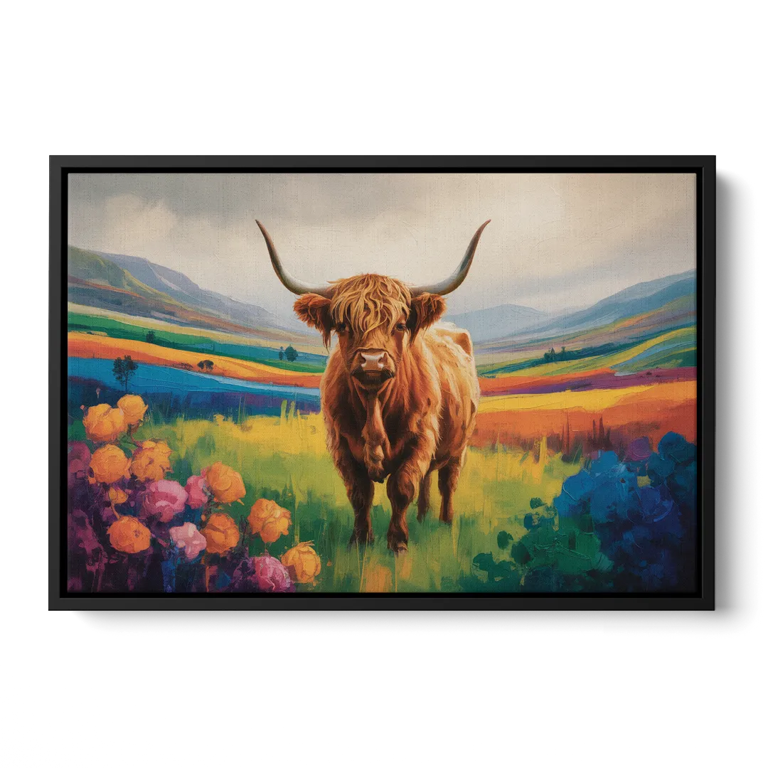 Enchanted Highland Cow Glass Look Front - Black Canvas Wall Art