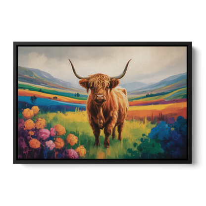 Enchanted Highland Cow Glass Look Front - Black Canvas Wall Art