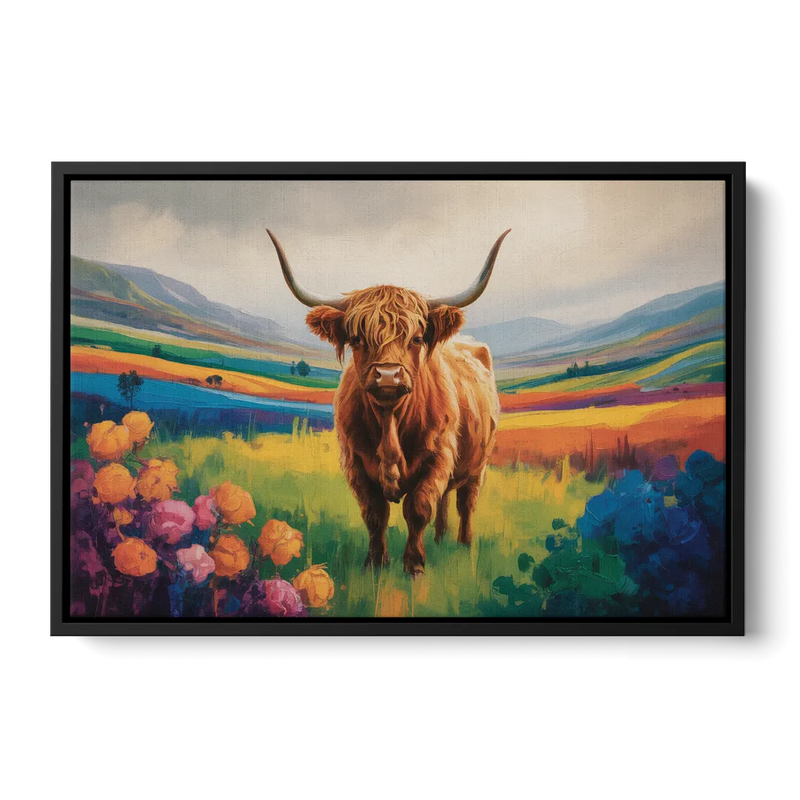 Enchanted Highland Cow Glass Look Front - Black Canvas Wall Art