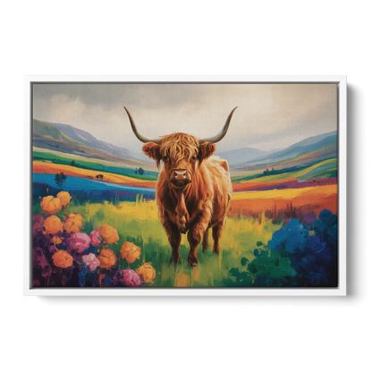 Enchanted Highland Cow Glass Look Front - White Canvas Wall Art