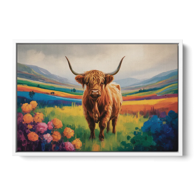 Enchanted Highland Cow Glass Look Front - White Canvas Wall Art