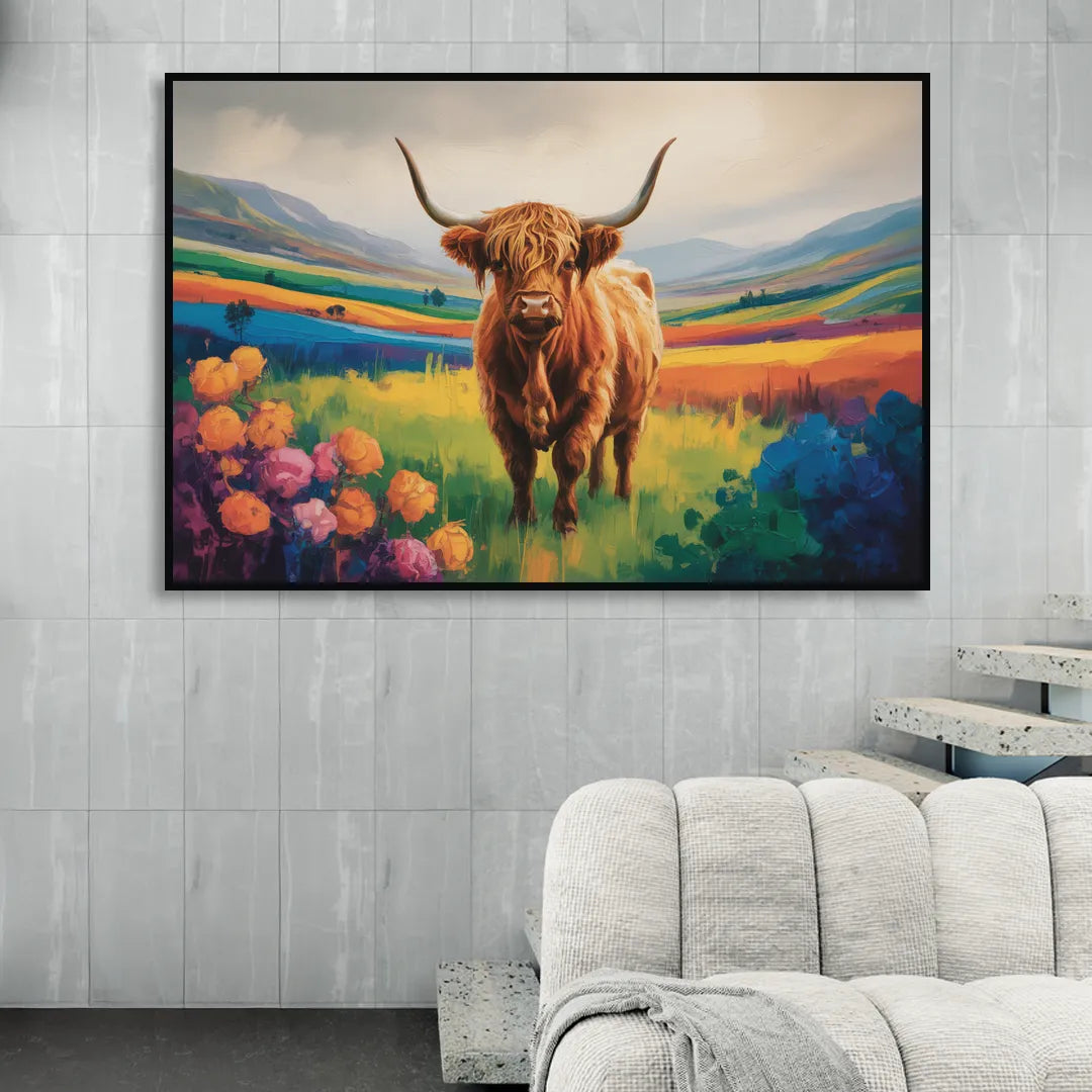 Enchanted Highland Cow Glass Look Living Room - Black Canvas Wall Art
