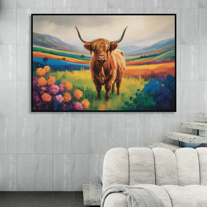 Enchanted Highland Cow Glass Look Living Room - Black Canvas Wall Art
