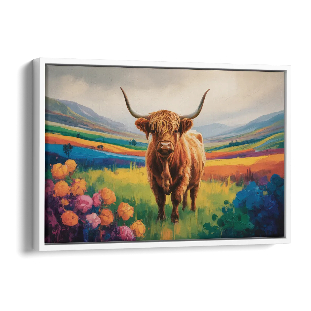 Enchanted Highland Cow Glass Look Side - White Canvas Wall Art