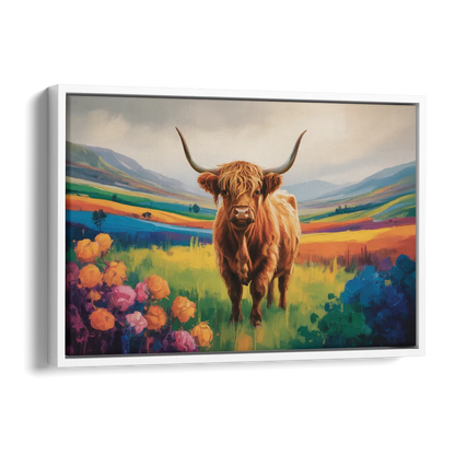 Enchanted Highland Cow Glass Look Side - White Canvas Wall Art