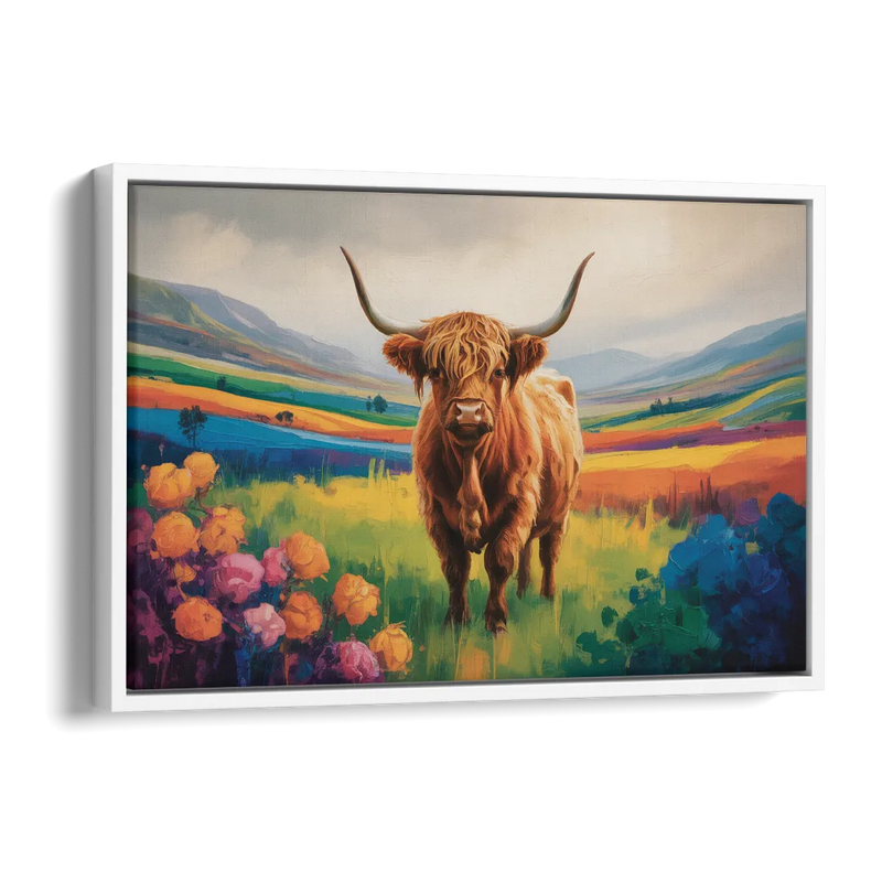 Enchanted Highland Cow Glass Look Side - White Canvas Wall Art
