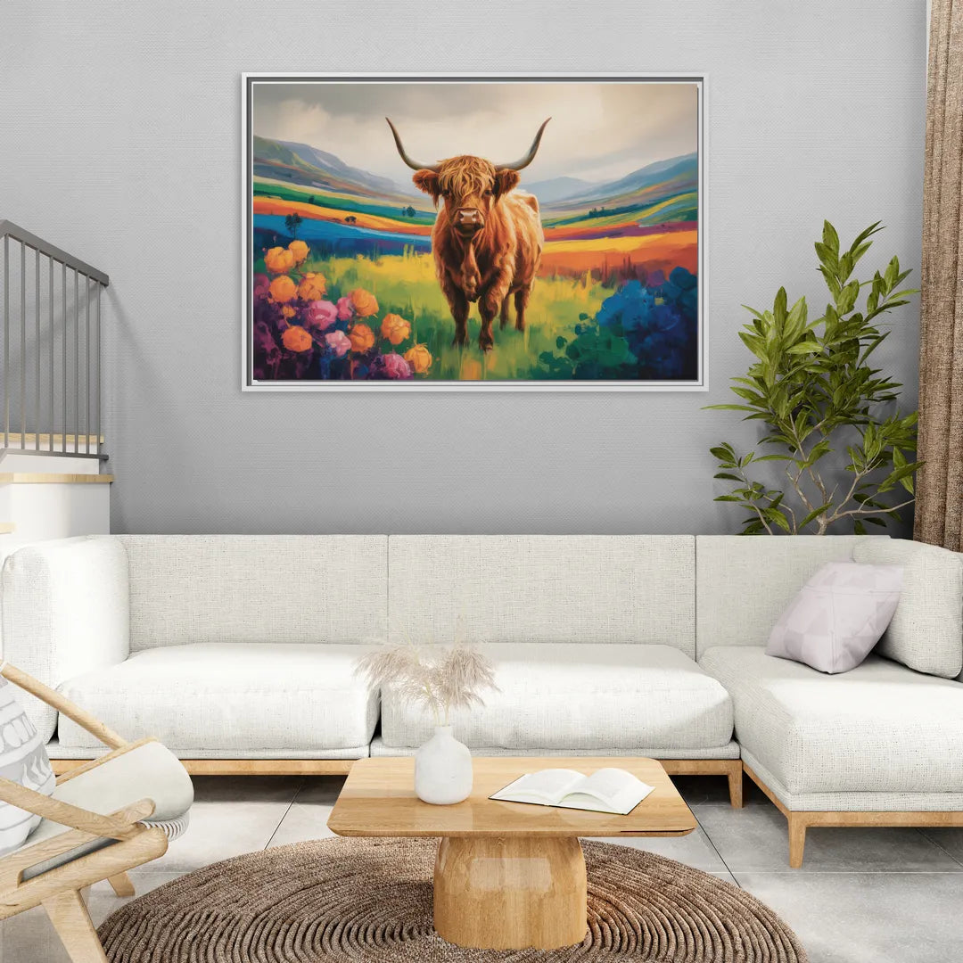 Enchanted Highland Cow Glass Look - Living Room White Frame Canvas