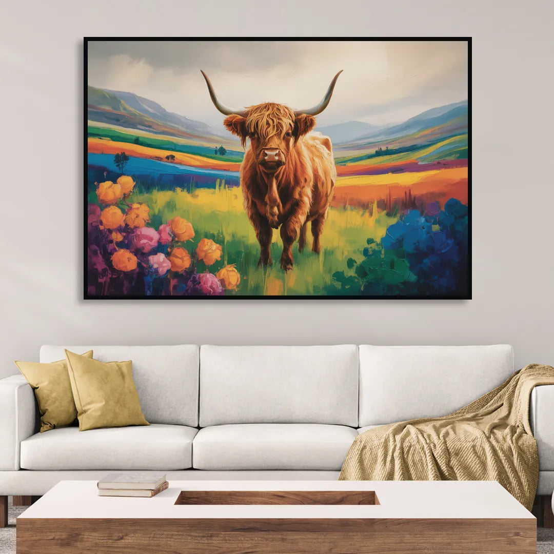 Enchanted Highland Cow Glass Look Sitting Room - Black Canvas Wall Art
