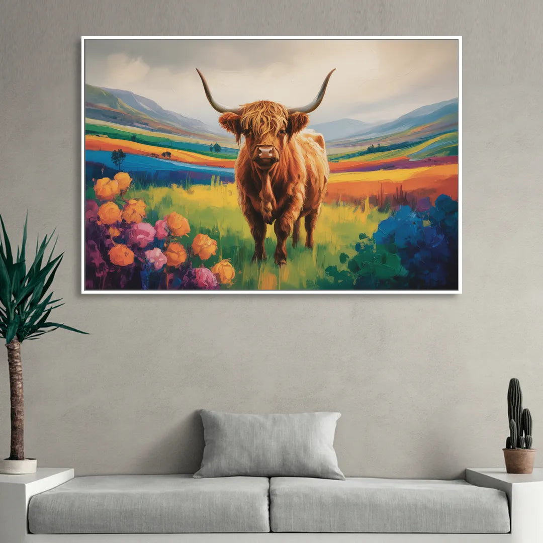 Enchanted Highland Cow Glass Look Sitting Room - White Canvas Wall Art