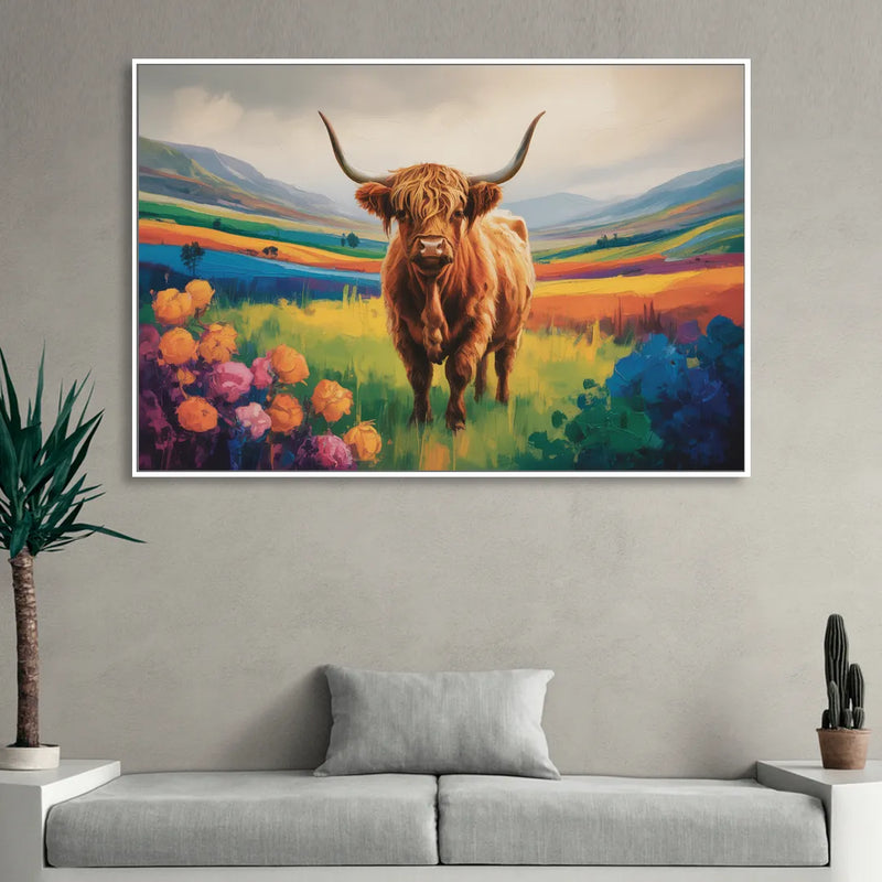 Enchanted Highland Cow Glass Look Sitting Room - White Canvas Wall Art