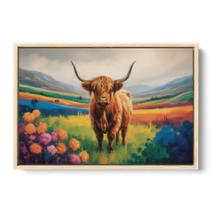 Enchanted Highland Cow Glass Look - Oak Framed Canvas Wall Art - Front