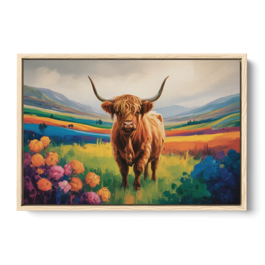 Enchanted Highland Cow Glass Look - Oak Framed Canvas Wall Art - Front