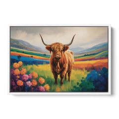 Enchanted Highland Cow Glass Look - White Framed Canvas Wall Art - Front