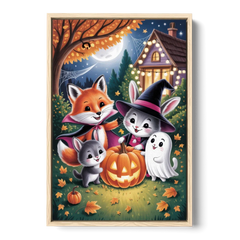 Enchanting Animals Festivity Cute Halloween - Oak Framed Canvas Wall Art - Front