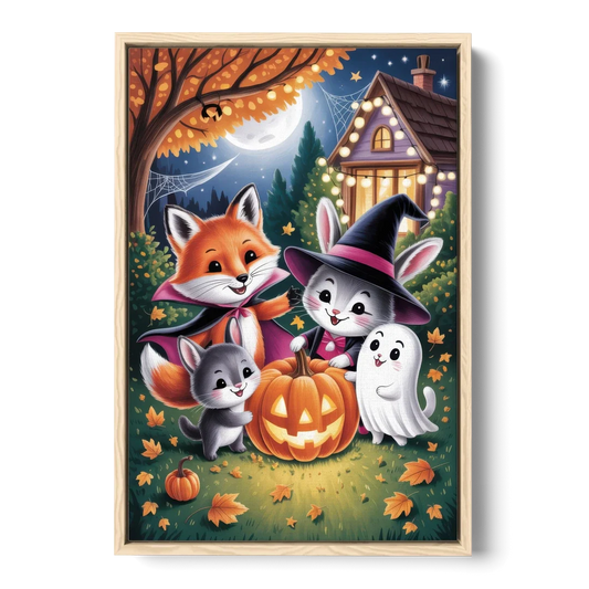 Enchanting Animals Festivity Cute Halloween - Oak Framed Canvas Wall Art - Front