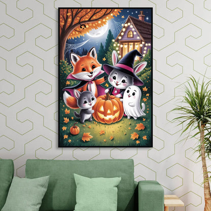 Enchanting Animals Festivity Cute Halloween Living Room - Black Canvas Wall Art