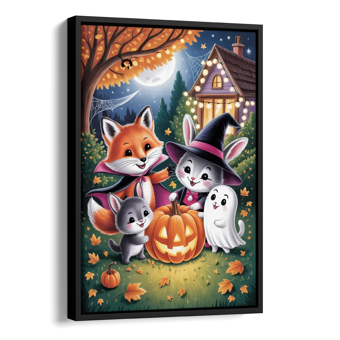 Enchanting Animals Festivity Cute Halloween Side - Black Canvas Wall Art