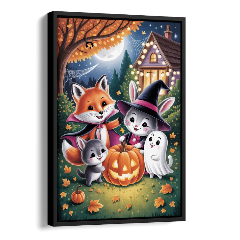 Enchanting Animals Festivity Cute Halloween Side - Black Canvas Wall Art