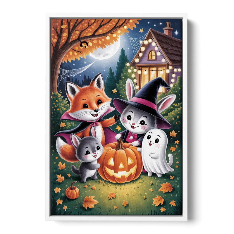Enchanting Animals Festivity Cute Halloween Front - White Canvas Wall Art