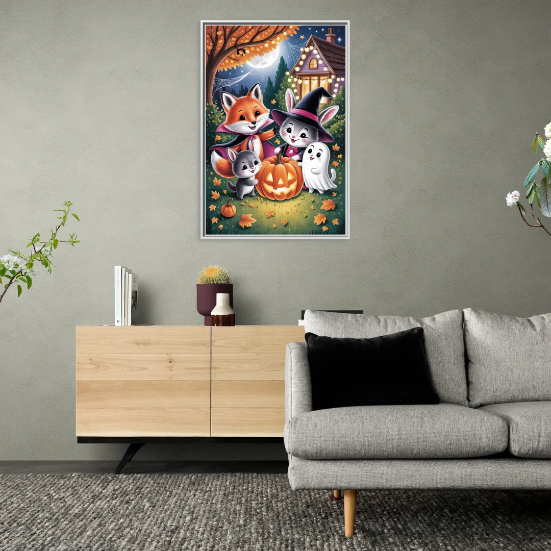 Enchanting Animals Festivity Cute Halloween - Living Room White Frame Canvas