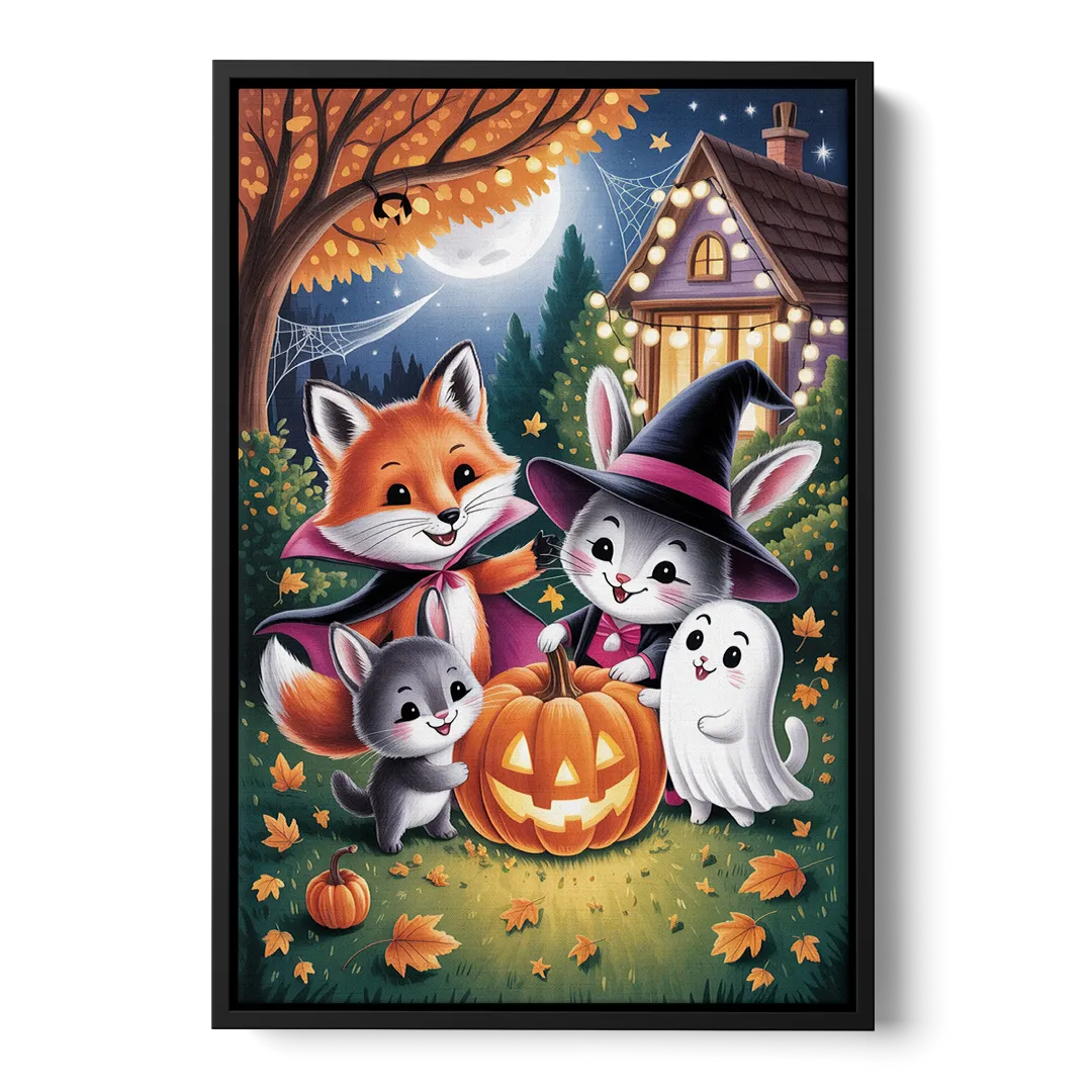 Enchanting Animals Festivity Cute Halloween Front - Black Canvas Wall Art